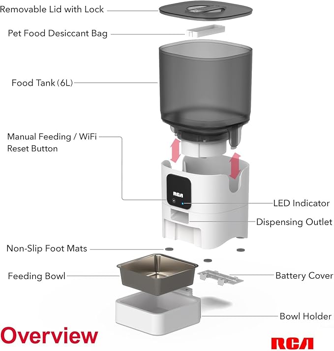 RCA Pet Rabbit, Cat & Dog Feeder, 6-Liters | Smart, WiFi, RCA App Control for Remote Feeding, Dishwasher Safe Bowls, Compatible with Alexa & Google, BPA-Free Materials