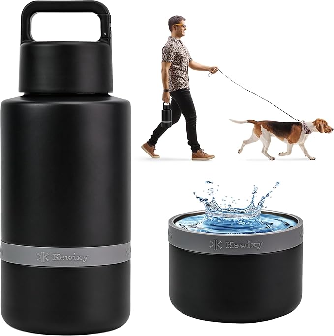 Insulated Dog Water Bottle with Travel Bowl, Portable Water Bottle Dispenser, Accessories for Road Trip, Hiking, Camping, Outdoor, Leak-Proof, Detachable (Black)