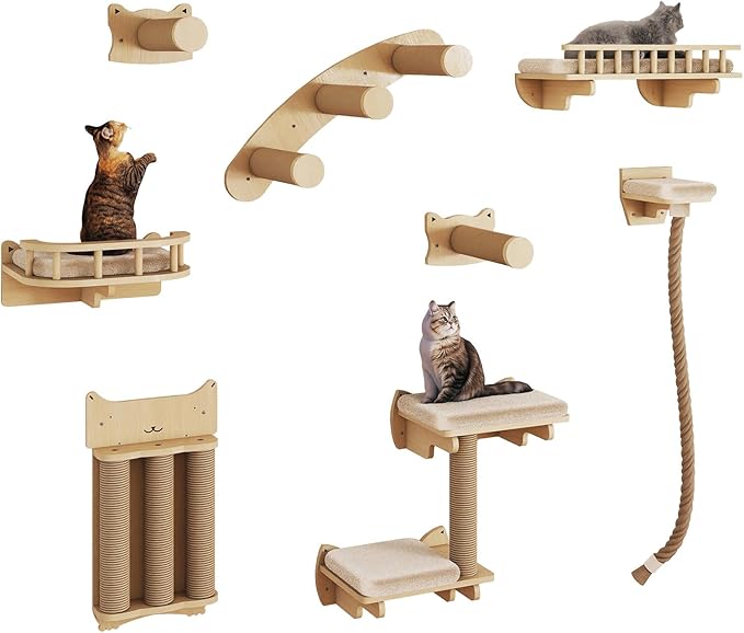 BYBYME Cat Climbing Wall Set Made of Natural Wood, 8 Pcs Sturdy Furniture with Scratching Posts, Kitten Platform, 100CM Sisal Rope and Cat Bed for Cats Sleeping, Playing, and Lounging(Natural Wood)