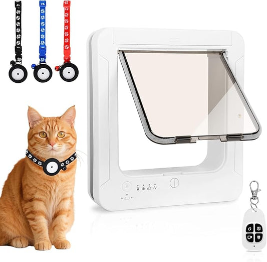 Smart Cat Door for Interior & Exterior, Flap Opening is 7.67’’ (H) by 7'' (W), Microchip Cat Pet Door with 3 RFID Collar Sensor Keys & 1 Remote & 4 Way Locking Cat Flap, Automatic Opening Cat Door
