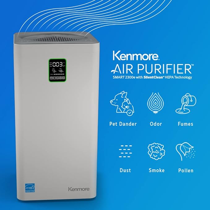Kenmore PM4030 Air Purifier with H13 True HEPA Filter, Covers Up to 2300 Sq.Foot, 24db SilentClean 3-Stage HEPA Filtration System, 5 Speeds for Home Large Room, Kitchens & Bedroom