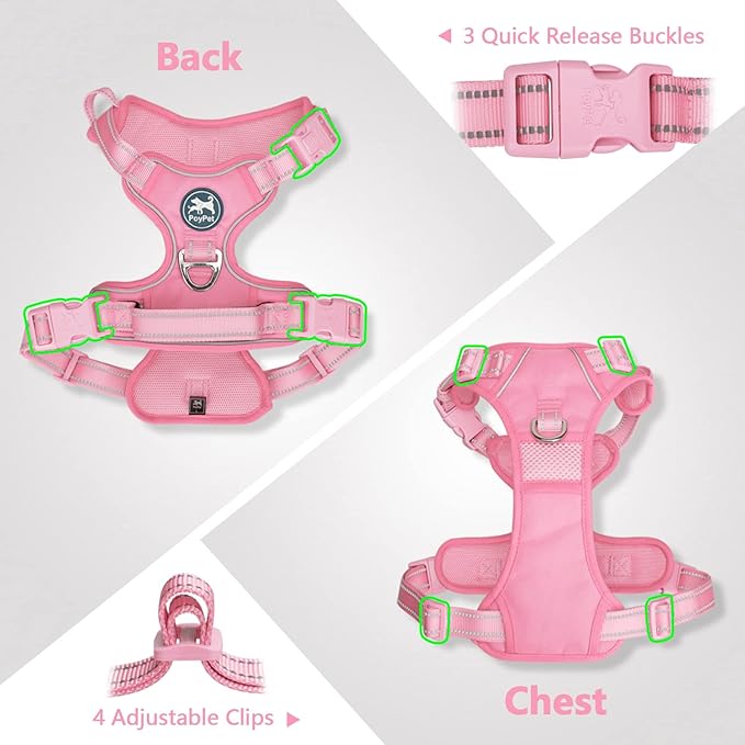 PoyPet No Pull Dog Harness, No Choke Reflective Dog Vest, Adjustable Pet Harnesses with Easy Control Padded Handle for Small Medium Large Dogs(Light Pink Matching Trim,L)