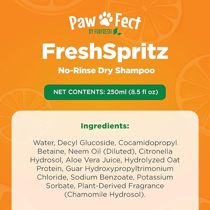 FreshSpritz 8.5 fl oz Waterless Foaming Dog Dry Shampoo with Aloe, No-Rinse Pet Wash for Odor, Dander & Allergens. Non-Sticky, Plant-Based Chamomile Scent, Fast-Drying Pet Deodorizer Grooming Foam