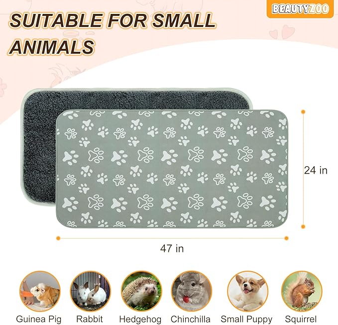 BEAUTYZOO 2 Pack Guinea Pig Cage Liners, Washable Reversible Fleece Guinea Pig Bedding, Waterproof Super Absorbent Pee Pads for Small Animals Rabbit Hamster Bunny - 24"x47" Grey