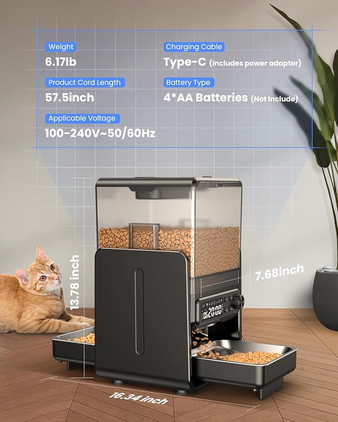 Automatic Cat Feeder for 2 Cats, 5L/20 Cups Food Dispenser with Adjustable Raised Double Bowls, Detachable Control Panel, Timed Cat and Dogs Feeder for Dry Food, Dual Power Supply