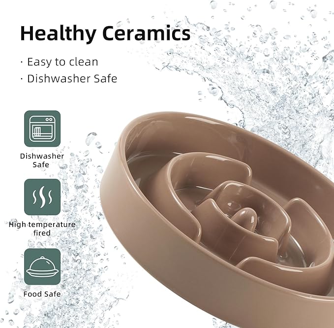 Ceramic 3.2 Cup Slow Feeder Dog Bowl for Large Dog, 9.5inch Puzzle Food Dish, Anti-Gulping, Stop Bloat, Preventing Choking (Single Bowl-Brown Coffee)