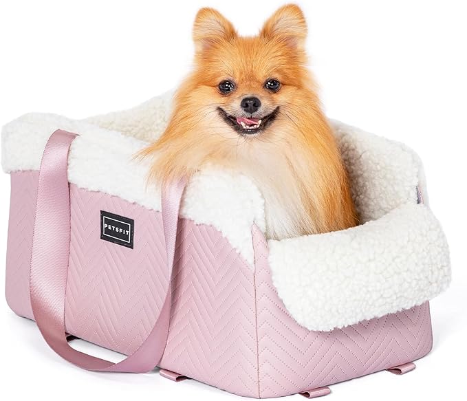 PETSFIT Cat Car Seat, Portable Console Dog Car Seat with Safe Protective Hooks, Luxury Pet Car Seat Includes Safety Leash and Storage Pocket for Pets Up to 9 lbs (Pink)