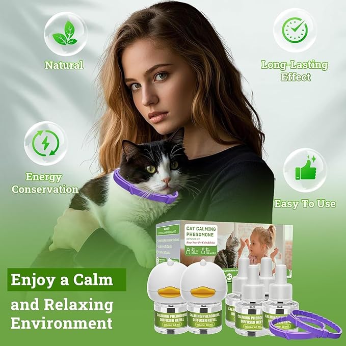 10 Pack (2 Diffusers& 6 Refills +2pcs Calming Collar) Cat Calming Diffuser, Plug in Diffuser Cat Pheromone Calming Diffuser Starter Kit Helps Ruduce Anxious, Anti-Stress & Comforts Cats