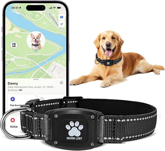 GPS Dog Collar Tracker 2-in-1,Reflective Waterproof Pet Collar,iOS-Only,No Monthly Fees,Unlimited Range,Ideal for Dog Tracking pet Tracker,for Small Medium Large Dogs(L (16.6"-24"), Black)