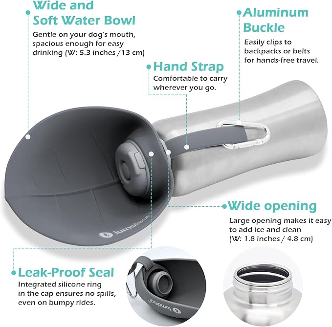 LumoLeaf Portable Dog Water Bottle 27 OZ, Stainless Steel Pet Travel Water Bottle Dispenser for Walking, Hiking and Outdoor, Portable Water Bowl for Large Dogs (Grey)