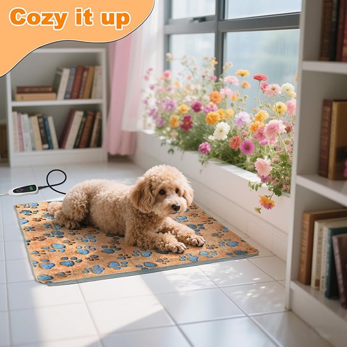 Cat Heating Pad 17×13 in Heated Cat Bed with Intelligent Constant Temperature Switch,Waterproof with Metal Protective Tube Puppy Whelping Supplies, Comes with a Plush Cotton Sleeve-Apricot