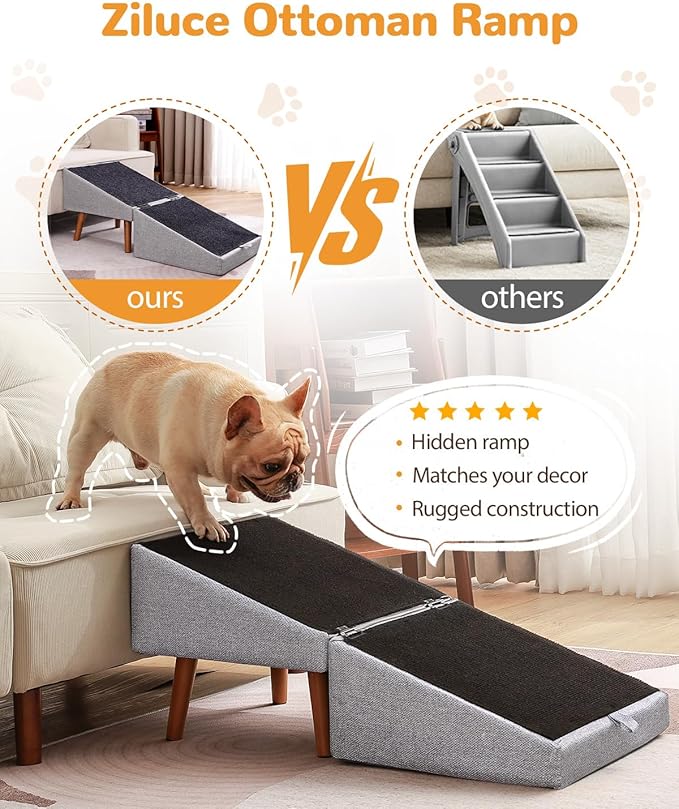Dog Ramp for Couch and Bed, Dog Stairs for Small Dogs and Cats, Foldable Pet Steps for Medium Senior Dogs and Puppy, Split Ottoman Design Pet Ramp (Light Grey)