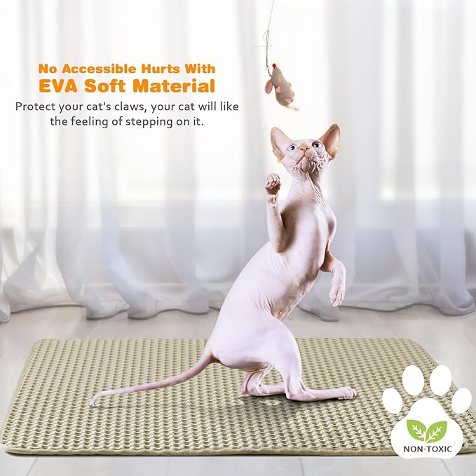 Waterproof Cat Litter Mat, Double Layer EVA, Odor-Free Large Grid, Urine Proof, Easy Cleanup 22 x 30, Khaki