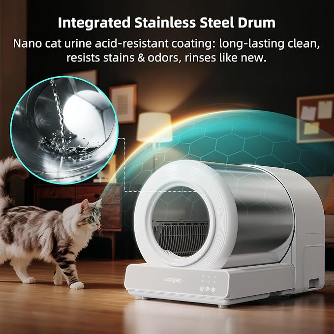 uahpet Stainless Steel Self Cleaning Cat Litter Box, Automatic Cat Litter Box with APP Control, Lower Entry, Safety Sensors Includes Mat & Trash Bags