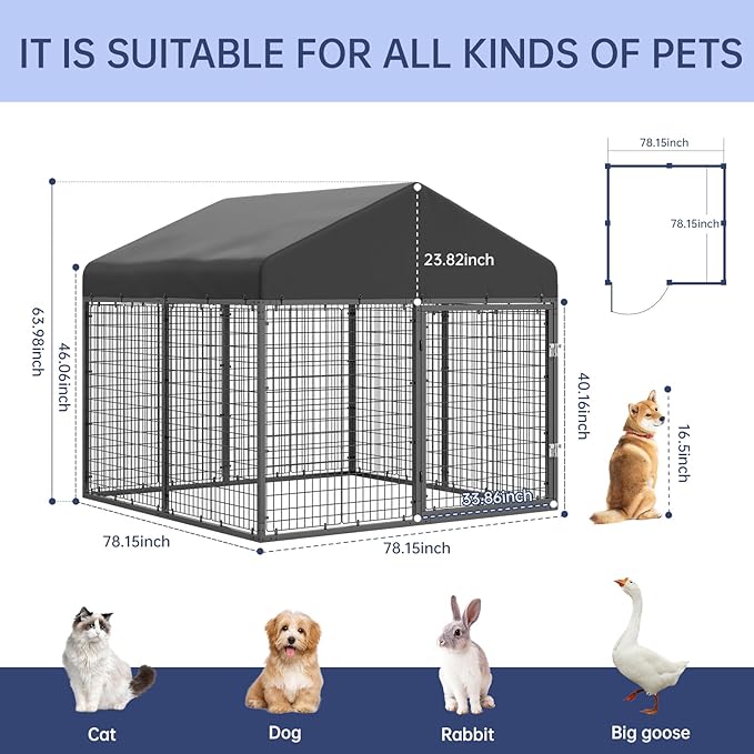 Large Outdoor Dog Enclosure,Heavy Duty Dog Cage with Roof,Galvanized Steel Dog Kennel Fence with Double Safety Locks(79”W x 79”D)