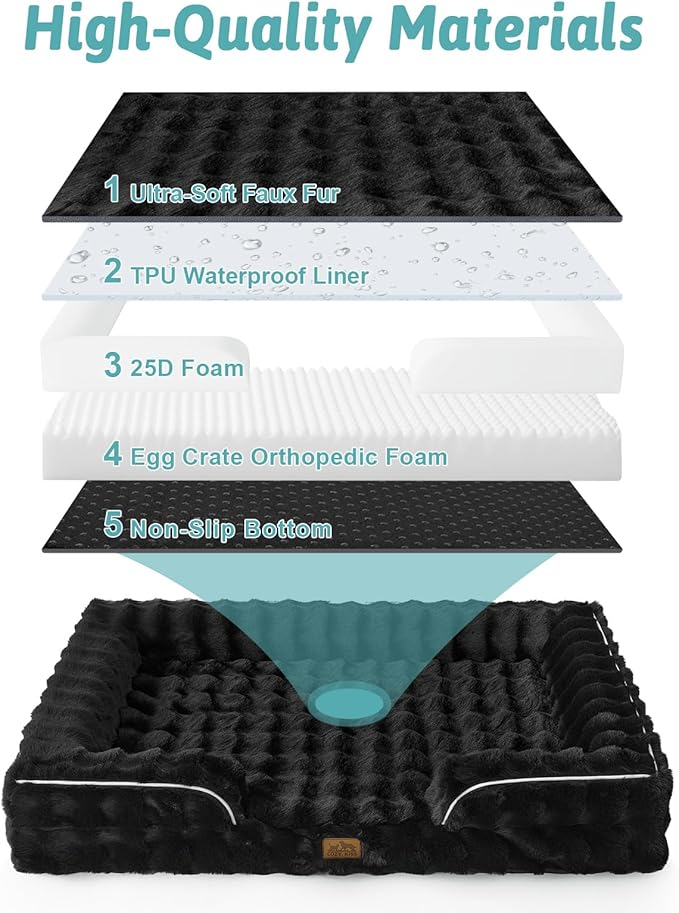 Orthopedic Dog Bed for Large Medium Size Dog, Soft and Warm Faux Fur Sofa for Pet Up to 75 lbs, Foam Bolster Anti-Slip Couch with Washable Removable Cover, L 36x27x6.5 inch, Black