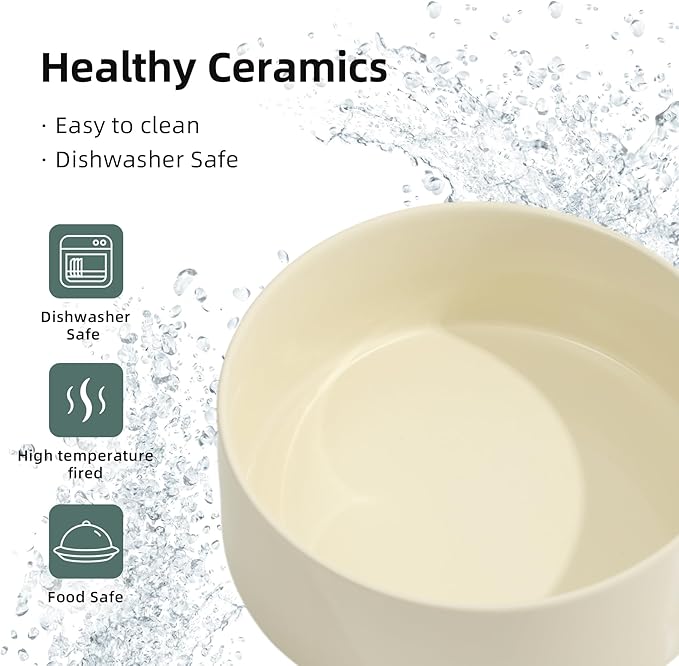 Ceramic 8.2inch Raised Dog Bowl with Stand for Large- Breed Dogs, Pet Food and Water Feeder (Double Bowl with Stand - Beige)