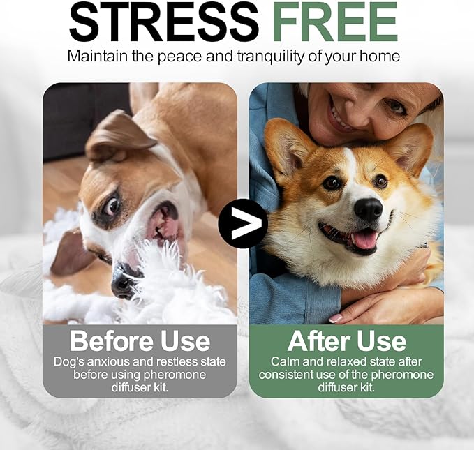 4-Pack Dog Calming Diffuser Kit (1 Diffuser + 3 Refills), Plug-in Pheromone Calming Diffuser for Dog, 90-Day Supply, Covers 700 sq ft, Safe & Odorless Stress Relief Solution, Promotes Relaxed Behavior