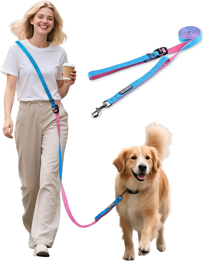 Hands Free Dog Leash, Multifunctional Crossbody Running for Dogs, Ultra-Light Dog Training Leash with Secure Clip, Short & Long Leashes, Adjustable Service Dog Leashes (Aqua Pink)