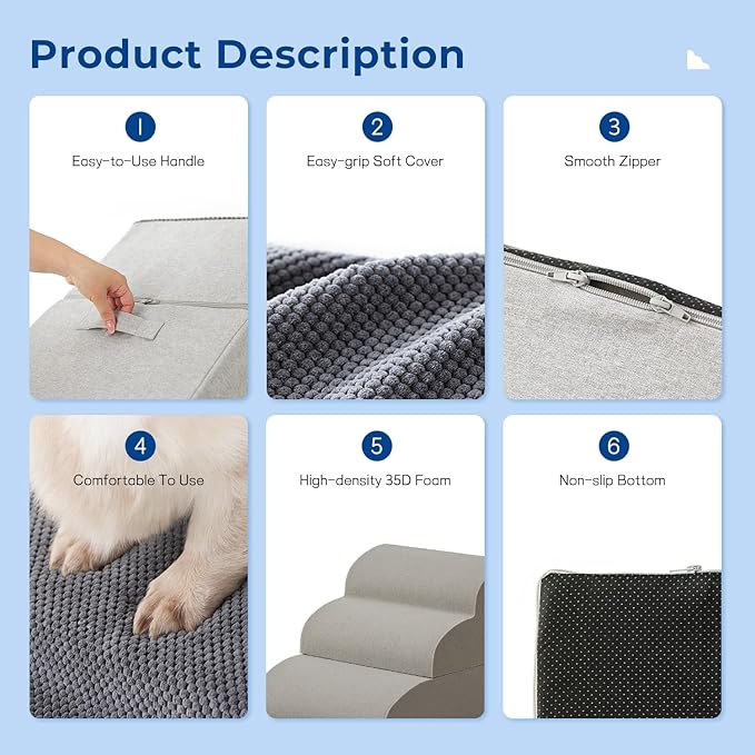 Dog Stairs Ramp for High Beds Up to 25" H - 5 Steps Pet Stairs for Couch, 35D Foam Dog Steps for Small to Large Dogs with Non-Slip Bottom Grey