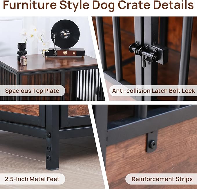 37.4" Wooden Dog Crate Furniture – Chew-Resistant Kennel for Medium/Large Breeds,3-Door Indoor Kennel with 3.1" Raised Feet, Multi-Functional TV Stand & End Table