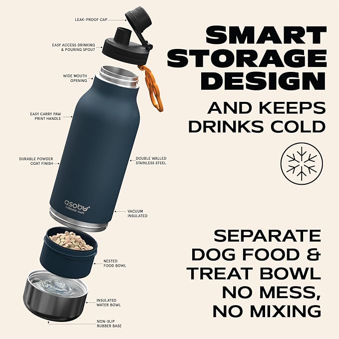 Asobu Dog Barky Bottle – Insulated Stainless Steel Water Bottle with 2 Removable Dog Bowls for Food, Treats & Water – Pet-Friendly Travel Bottle for Hiking, Road Trips & Outdoor Adventures