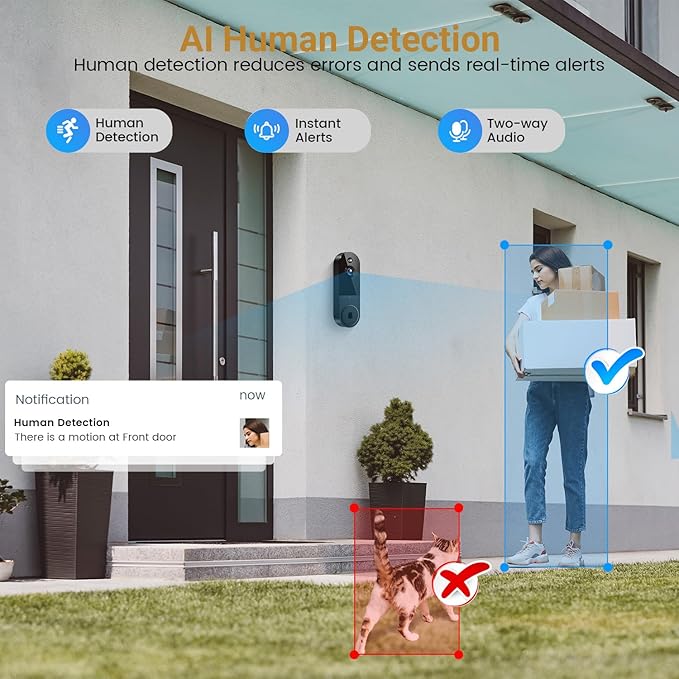 1080P Video Doorbell Camera, Wireless Indoor/Outdoor Surveillance Camera, Cloud Storage, 2.4G WiFi Only, AI Human Detection, Instant Alert, Night Vision, Two Way Audio (Black)