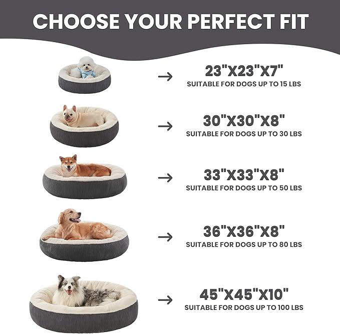30 inches Donut Dog Bed for Medium Dogs,Calming Round Pet Bed with Removable & Washable Cover,Plush Faux Fur & Corduroy, Fits up to 30 lbs Pets(Dark Grey,Medium)