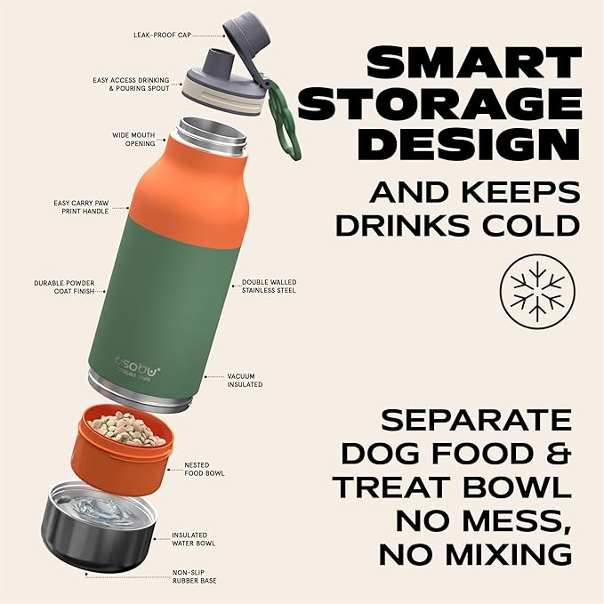 Asobu Dog Barky Bottle – Insulated Stainless Steel Water Bottle with 2 Removable Dog Bowls for Food, Treats & Water – Pet-Friendly Travel Bottle for Hiking, Road Trips & Outdoor Adventures