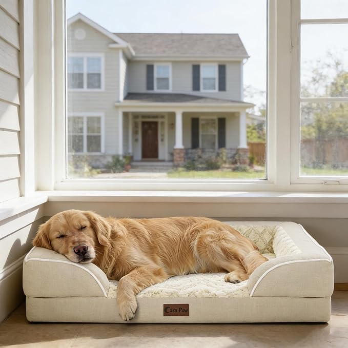 Orthopedic Dog Beds for Extra Large Sized Dogs, Waterproof Memory Foam XL Pet Bed with Sides 48x30Inch, Non-Slip and Egg-Crate Foam Big Dog Couch Bed with Removable Washable Cover, Beige