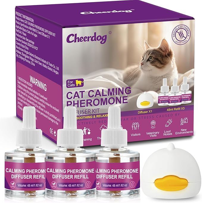 Cheerdog Cat Pheromones Calming Diffuser Relieve Anxiety Stress Cat Calming Diffuser Comfort for Cats 3 Refills, Reduce Fighting and Scratching Calm Relaxing Fits All Cats (3)