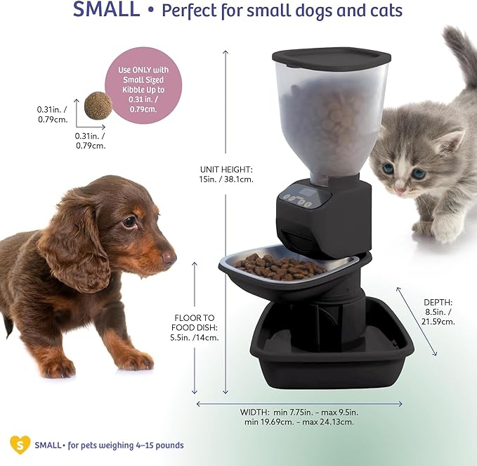 Feeding Friend® Automatic Dog & Cat Food Feeder with Water Dispenser Smart Pet Feeder with Portion Control, OLED Display, Anti Jam Design, Battery Operated Dispenser for Small XS 4-15 lbs Pets Black