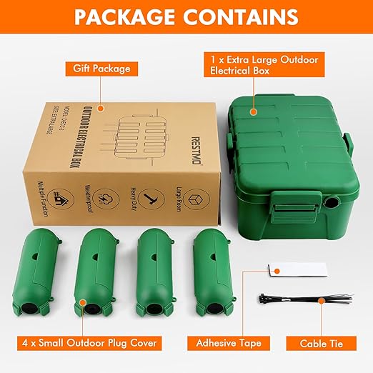 RESTMO 5-Piece Outdoor Waterproof Electrical Box Set – 12.5" x 8.5" x 5" Large & 7.1" x 2.3" x 2.3" Small, Weatherproof Boxes for Power Strip, Outlet, Plug, Socket, Timer, Holiday Light, Green