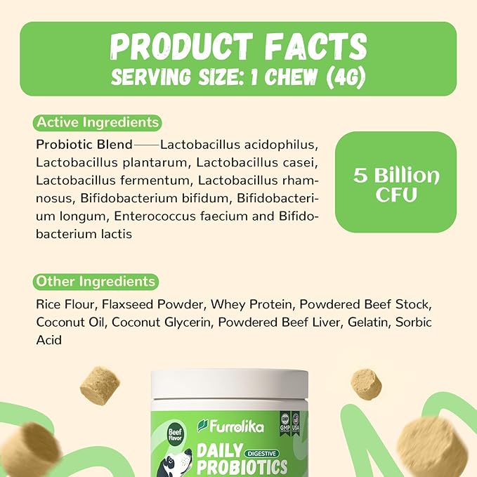 Furrolika Probiotics for Dogs – Made in The USA – Digestive Probiotics for Gut Health, Immune Support & Diarrhea Relief – Beef Flavor – 60 Soft Chews