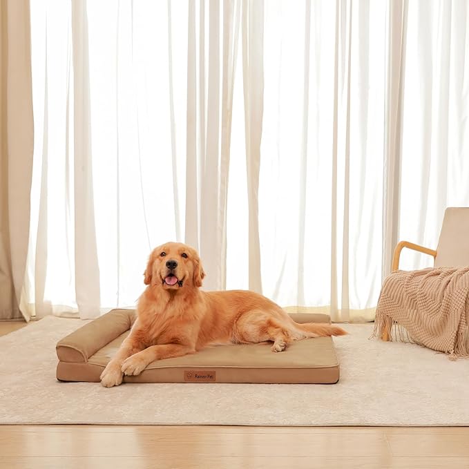 Orthopedic Dog Bed for Large Dogs, 44"x32"x6" Memory Foam Pet Bed with Washable Microsuede Cover, TPU Waterproof Liner & Nonskid Bottom, for Indoor, Outdoor, Crate & Car Use, Khaki