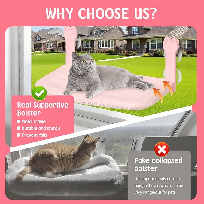 2 Pack Cat Window Perch,Cat Window Hammock Cordless Foldable Window Bed with 4 Large Strong Suction Cup,Reversible Cushion Cover,Metal Frame Easy to Adjust Window Seat Holds up to 40lbs(Pink,M)