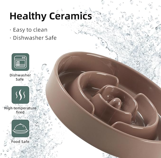 Ceramic 1.2 Cup Raised Slow Feeder Dog Bowl Set, Elevated 6.1inch Bowl and 7.3inch Puzzle Slow Food Dish with Wooden Stand for Medium and Small Dog, Anti-Gulping (2 x Brown Coffee+ Stand)