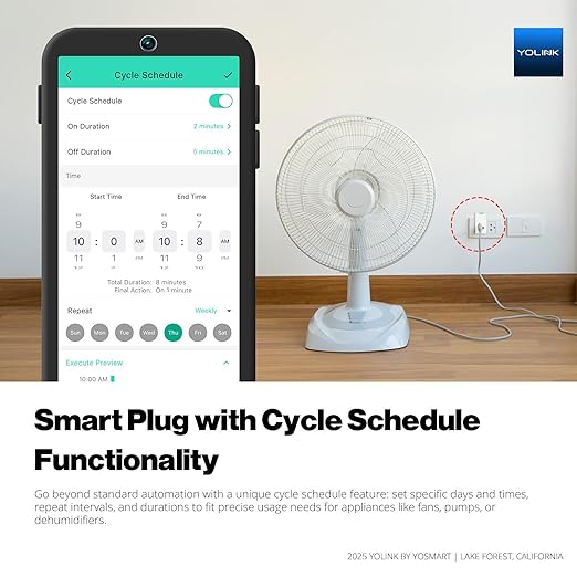 YoLink Smart Energy Plug 15A – 1/4 Mile LoRa Range, High-Power Devices with Cycle Schedule, Real-Time Energy Monitoring, Overload Protection, Alerts, Alexa, Google, IFTTT, HA, Hub Required YS6614