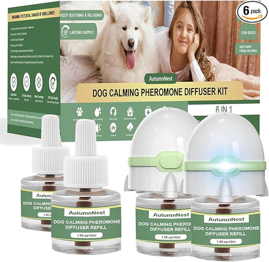 Dog Calming Pheromone Diffuser Kit, Pet Diffuser for Stress Support, Reduces Stress and Promotes Relaxed Behavior, 2 Plug-in & 4 Packs Refill, 120 Day Supply (Non-Toxic, Safe & Inedible), with Light