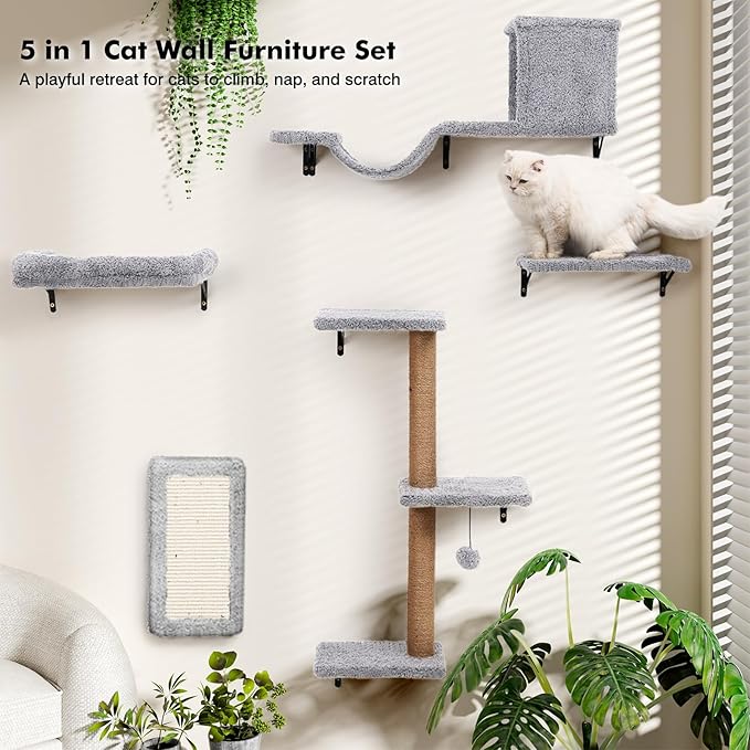 5-in-1 Cat Wall Shelves, Multi-Level Cat Climbing Furniture, Perch & Lounge for Indoor Cats, Space-Saving Wall Mounted Shelves for Play & Rest (Natural Wood) - Light Gray