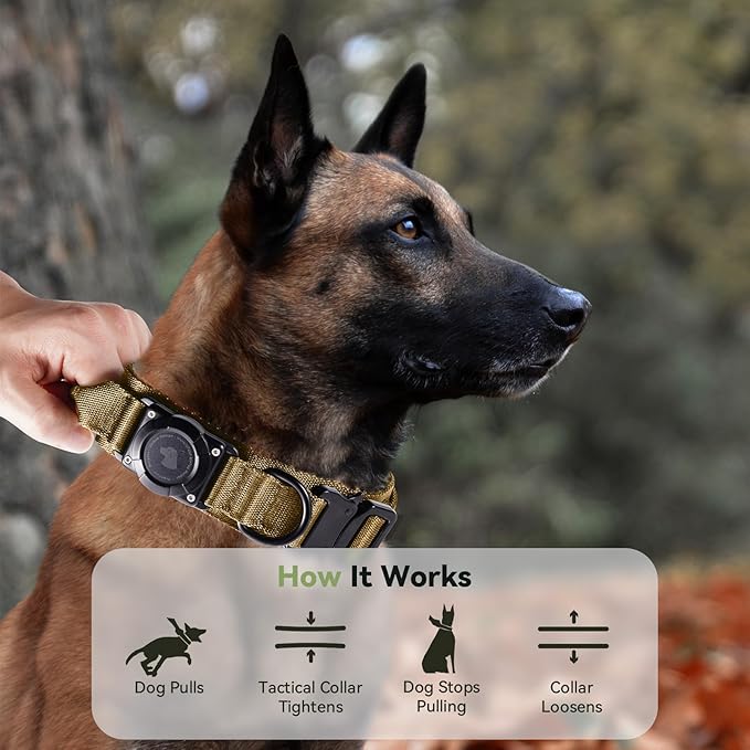2025 Upgrade Waterproof AirTag Dog Collar, Military Tactical Dog Collar with AirTag Holder, Comfortable Control Handle and Metal Buckle, GPS Dog Collar Holder for Medium to Large Dogs (Khaki,L)