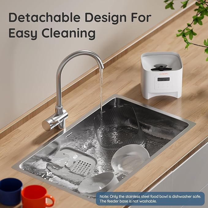 WOPET Automatic Cat Feeder, 4L Automatic Dog Feeder with 180-Day Battery Life, Programmable Cat Food Dispenser with Stainless Steel Bowl,1-6 Meals Per Day (White-01, Regular)