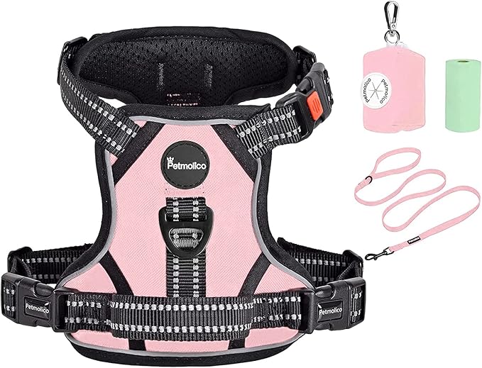 Petmolico No Pull Dog Harness Set with Leash Attachment Easy Control Handle Reflective Harness Vest Small Breed, Puppy Vest and Leash Set with Poop Bag Holder, Medium - Light Pink