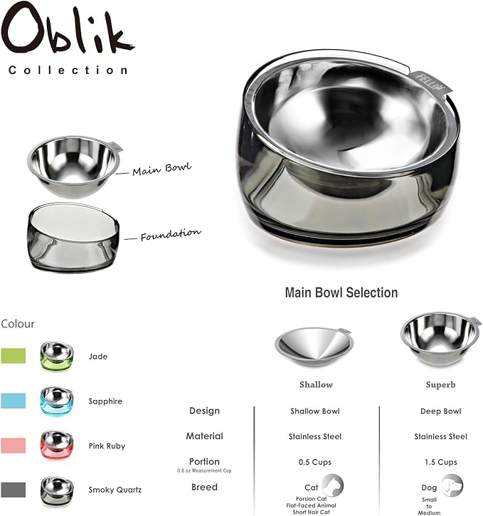 Felli Pet Oblik Spill Proof Dog Food Water Bowl Raised Acrylic Cone, Stainless Steel Tilted Oval Dish Pet Friendly, Slanted Metal Plate Feeder Elevated for Small Medium Size Dog (1.5Cup, Smoky)