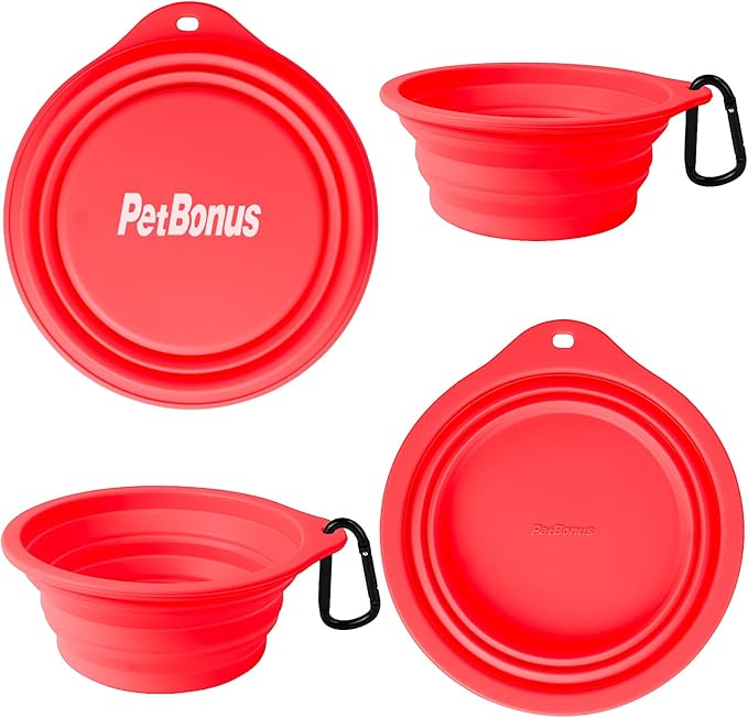 PetBonus 2-Pack Silicone Collapsible Dog Bowls, BPA Free Dishwasher Safe, Portable Foldable Expandable Travel Bowl, Food Water Feeding Cup Dish for Dogs Cats with 2 Carabiners (Black, Red)