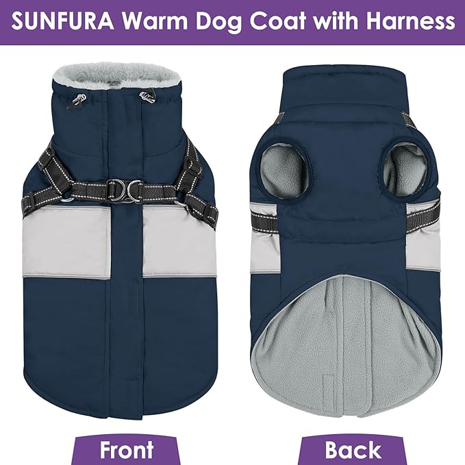 SUNFURA Dog Coat, XXXL Dog Jacket Winter with Harness Built in, Waterproof Pet Snow Jacket with Furry Collar for Chilly Day, Reflective Fleece Snowsuit for Extra Large Dogs, Navy Blue 3XL