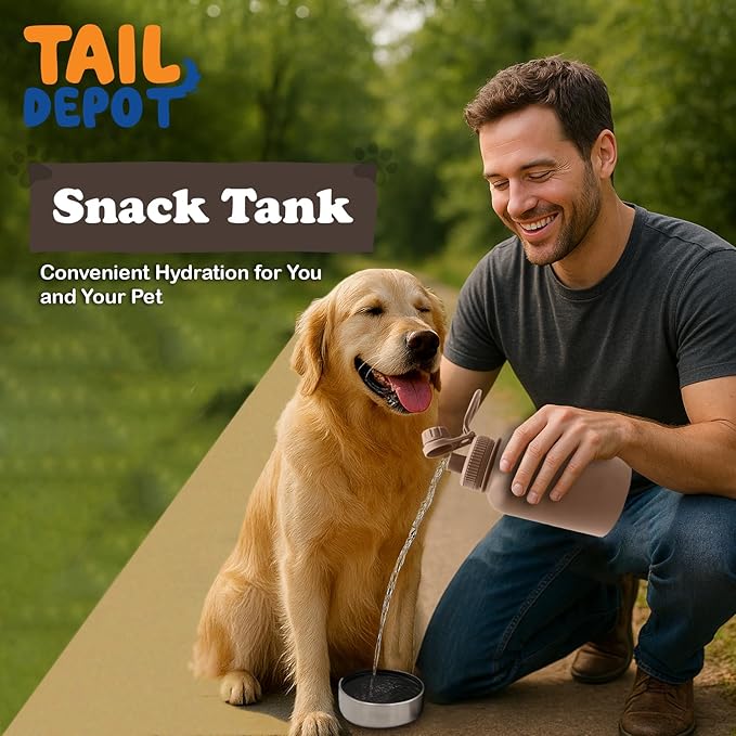 Tail Depot Snack Tank Dog Water Bottle Portable, Pet Water Bottles for Puppy with Food Container, Leak Proof Pet Dispenser for Cats, Small Animals, Dog Gift Accessories Walking, Hiking (1 Liter)