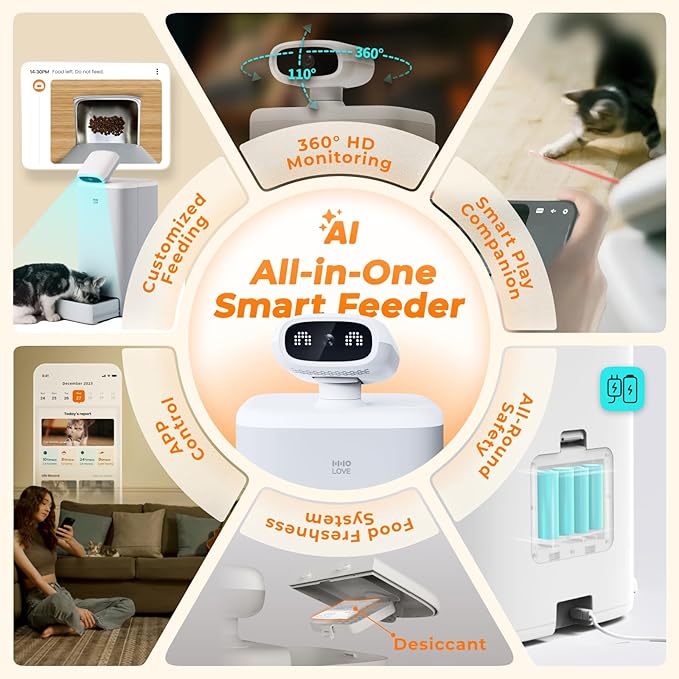 HHOLOVE Automatic Cat Feeder with Camera AI-Powered, 2k HD Video Night Vision, 5G/2.4G Wi-Fi Programmable, 2-Way Audio, Low Food Alert, Blockage Sensor, 1-Year Subscription Version