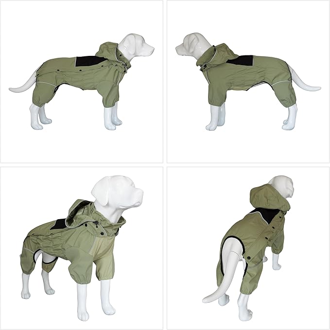 LOVELONGLONG Waterproof Dog Raincoat with Removable Hood – Outdoor Full Body Dog Jacket, Windproof Snowproof Shell Suit – All Season Pet Rain Gear Sage Green M