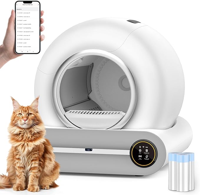SUW Self Cleaning Litter Box, Automatic Cat Litter Box Self Cleaning for Multiple Cats, 65L+9L Robot, 3 Rolls Grabage Bags Liner, Negative ion Deodorization, APP Control, Toilet Monitorin,White